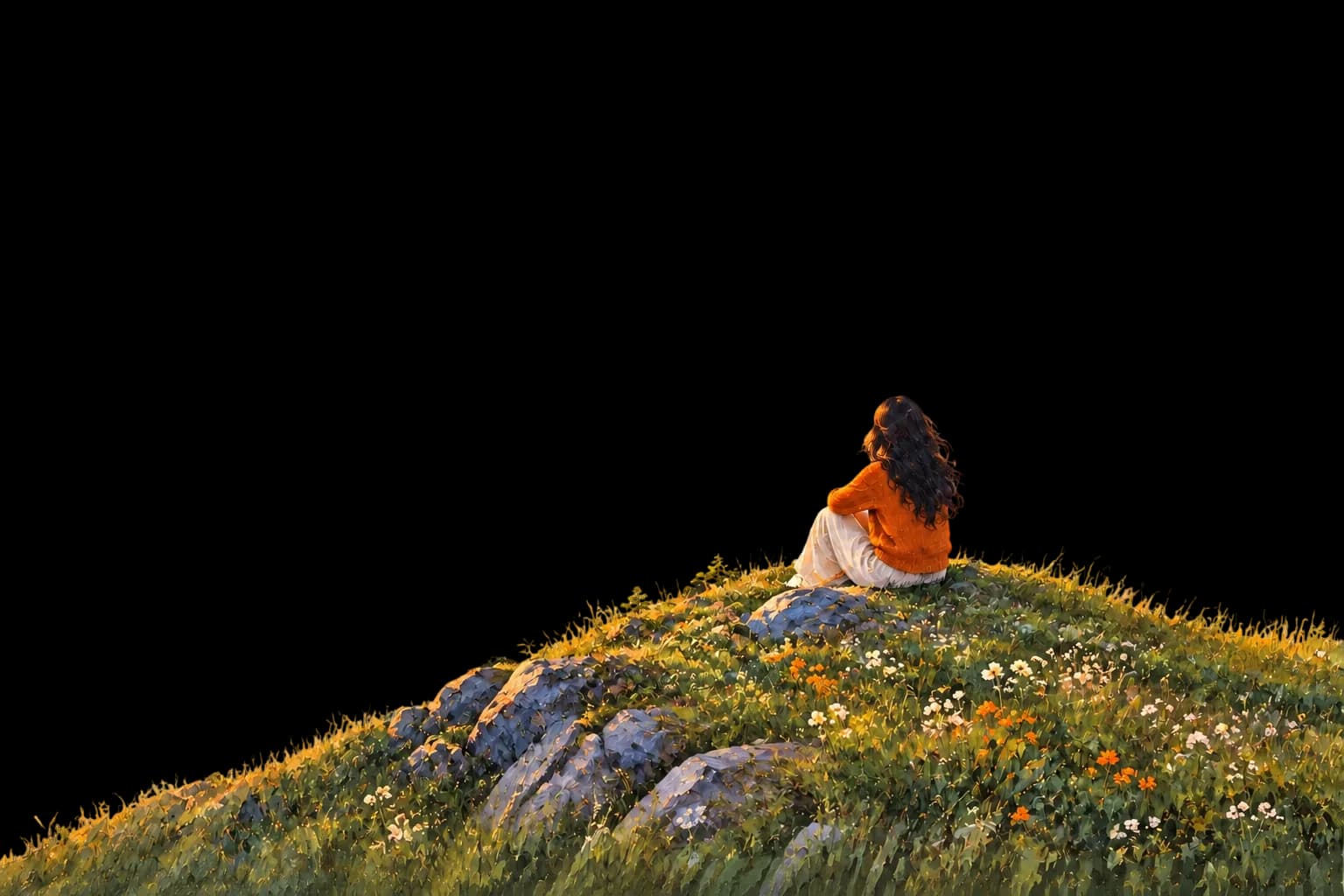 Someone sitting on a hilltop at dawn, facing the rising sun