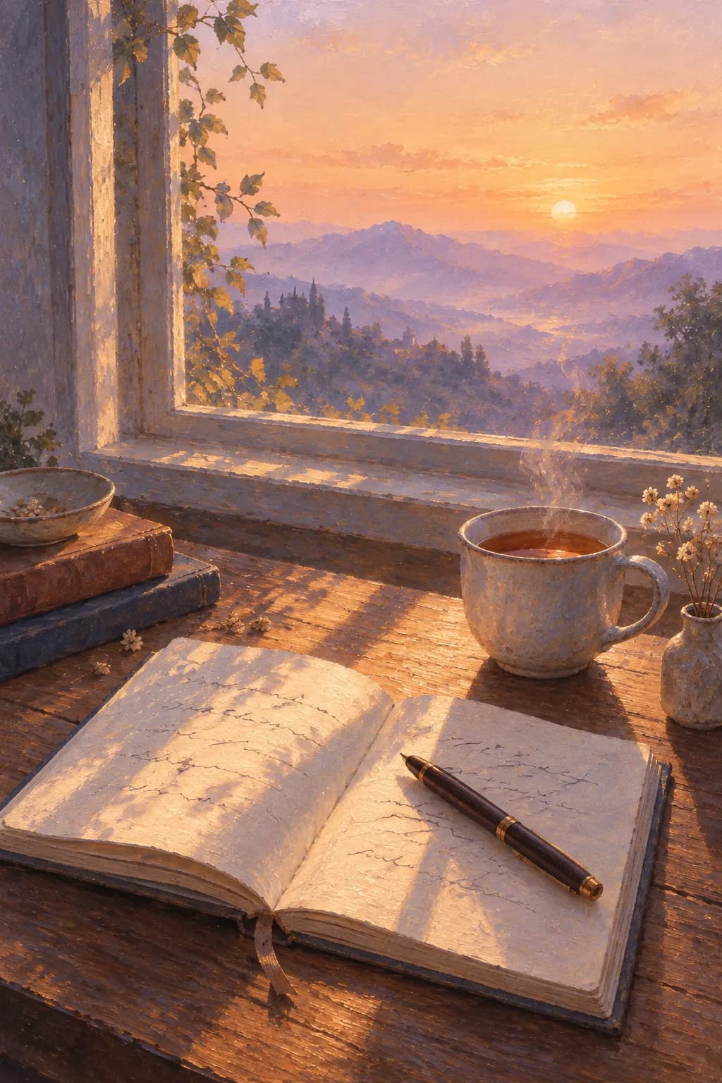 An open notebook by a window at golden hour