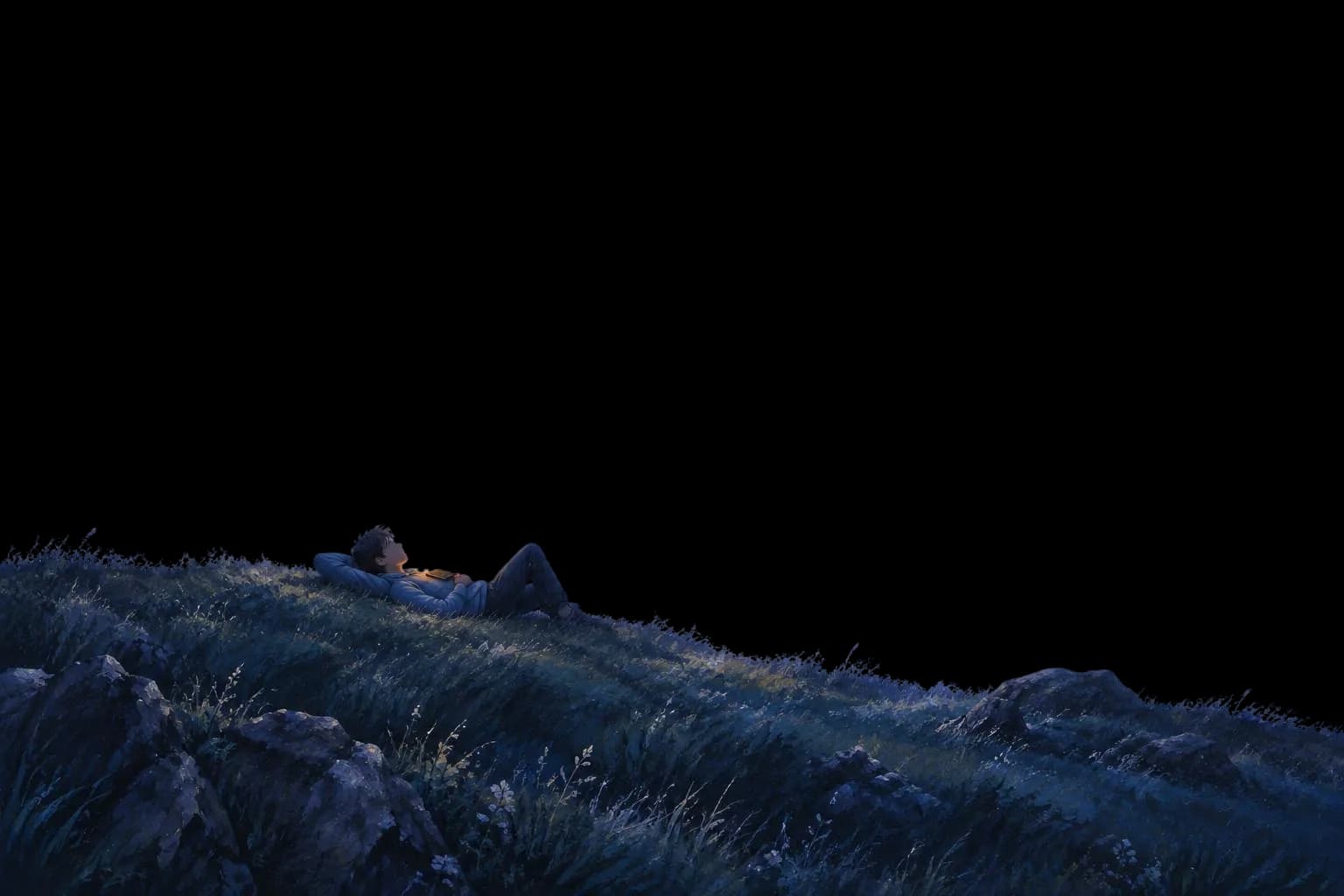 Someone lying in the grass at night, looking up at the stars